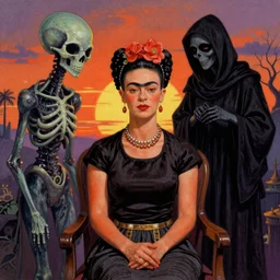 Frida Kahlo as the Grim Reaper visiting an alien world that is a skull at sunset by Dan Mumford and Josan Gonzalez and Laurie Greasley and Tim Doyle, vaporwave, vibrant, high contrast, sfumato
