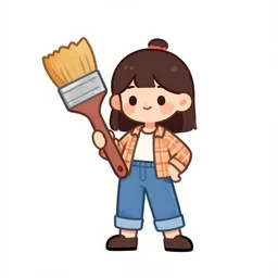 logo art of a cute girl holding an oversized paintbrush, she's wearing a plaid shirt and blue jeans that i rolled up to her knees, clear background
