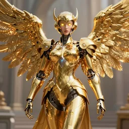 maria of metropolis, humanoid robot, golden full body armor, wide deployed wings, beautiful helmet in the shape of a face, glowing yellow eyes, scifi, glowwave, futuristic, raytracing, cinematic lighting, artstation, divine, unreal engine 5 rendered, art style by pixar warner bros dreamworks disney and kazuya takahashi