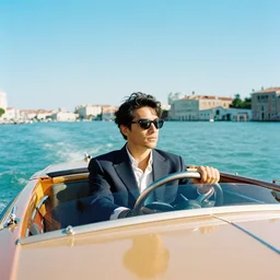 a fashionable man driving a riva boat around the the venetian lagoon. kodak portra film photograph. brilliant aqua blues. complimentary color palette.