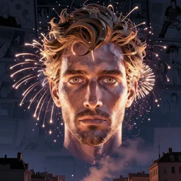 bordeaux under a beautiful fireworks representing the face of guillaume briant, mattepainting concept blizzard pixar maya engine on stylized background splash comics global illumination lighting artstation lois van baarle, ilya kuvshinov, rossdraws