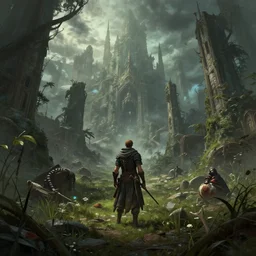 Fantasy overgrown world , character design, Greg Rutkowski, Mike mignola, Kim Jung Gi, trending on Artstation, 8K, ultra wide angle, pincushion lens effect.