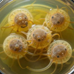 giant alien amoebas growing in opaque yellow liquid