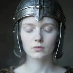 medieval helm, out of focus!!! photorealistic portrait of a beautiful pale woman by saul leiter, very blurry!!!, translucent white skin, closed eyes, foggy, pale lips