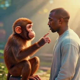 a monkey and kanye west making a song, color grading, camcorder effect, side - view, warm color palette, colorful, technicolor, 3 d, sunlight, mist, ray tracing reflections, post - production, by weta digital, by weta fx, by wlop