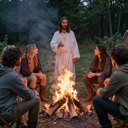 jesus god talking with 4 women and 2 men around a campfire, realistic