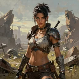 A comic book style portrait painting of a stunning female post apocalyptic punk warrior in a wartorn landscape, unreal 5, DAZ, hyperrealistic, octane render, RPG portrait, ambient light, dynamic lighting