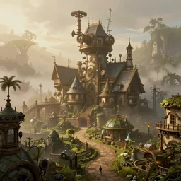 a steampunk village, botanic gardens, light fog, by greg rutkowski, by zdzislaw beksinski, very detailed, octane render, warm color lighting, volumetric lighting, 8 5 mm