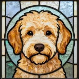cute golden doodle face in the style of a stained glass window