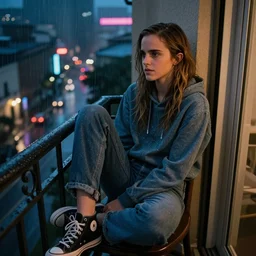 emma watson in jeans and hoodie sitting on the balcony of a hotel at night, top view, neon and rainy theme atmosphere by Jerome Opeña, featured on artstation