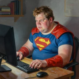 a insanely detailed painting of a slightly overweight man wearing a homemade superhero costumed, sitting at a computer desk, nervously and clicking on the mouse, in the style of peter mohrbacher, dramatic lighting and composition, trending on artstation, concept art, comic book