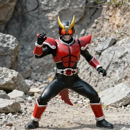 High Fantasy Kamen Rider, 4k, vibrant colors, rock quarry location, glowing eyes, fantasy inspired dragon armor, action scene, daytime, rubber suit, pvc armor