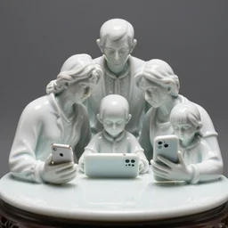 A vivid porcelain composition of a family of figurines staring down at their iPhones at a table, amazing craftsmanship, Tamron SP 90mm F/2.8 Di VC USD Macro