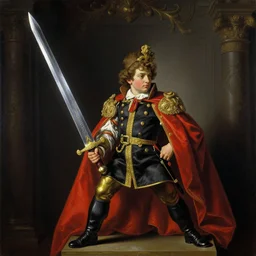 tiny napoleon holding a giant and too heavy sword, by fernando botero, painting, fine art, high contrast, divine, strong, rembrandt lighting, ray tracing global illumination, ray tracing reflections, insanely detailed and intricate, hypermaximalist, elegant, ornate, hyper realistic, super detailed