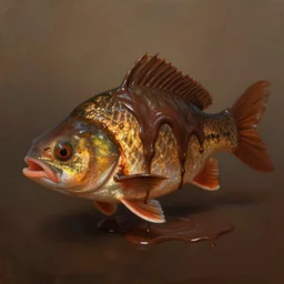 a fish covered in chocolate syrup. soft, atmospheric, warm lighting. highly detailed digital painting by mandy jurgens.