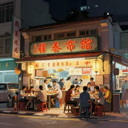 a singaporean hawker centre at night, by greg rutkowski, digital art, award - winning
