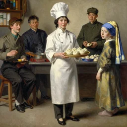 full body character of a chinese woman cook with a plate baozi, character design, beautiful face, painting by gaston bussiere, katsuya terada, nc wyeth, greg rutkowski, craig mullins, vermeer, frank frazetta, mucha, trending on artstation, jeffery catherine jones