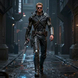 a detailed full bodied 3 d render of an extremely handsome jensen ackles as the terminator walking down a dark alley futuristic sci fi city, holding a glowing futuristic crossbow, volumetric lighting, octane render, 8 k, art by greg rutkowski and albert bierstadt and alphones mucha