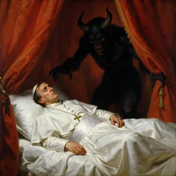 the pope wakes up is his bed, sweating, nervous, terrified, because a double horned shadow demon lurks in the curtains of the papal bedroom. highly detailed painting by gaston bussiere, j. c. leyendecker, greg rutkowski, craig mullins 8 k