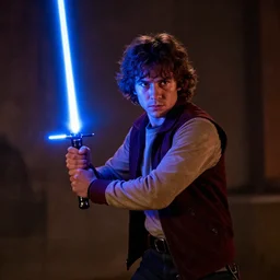 Mike from Stranger Things wielding a blue lightsaber