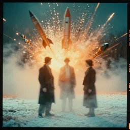 kodak portra 4 0 0, wetplate, muted colours, orange and teal, movie almost famous, 1 9 1 0 s style, motion blur, portrait photo of a backdrop, explosions, rockets, bombs, sparkling, snow, fog, by georges melies and by britt marling