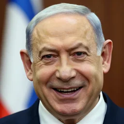 here's johnny! a close - up of benjamin netanyahu's face, psychopathic, crazy, insane, smile, laugh