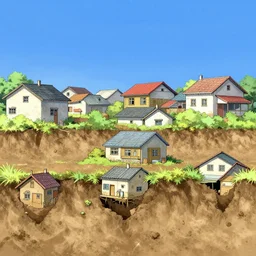 rural houses sinking in the ground, clear blue sky, pop illustration, collage, anime style 4 k