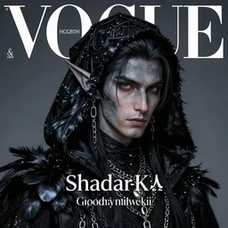 ( ( ( head and shoulders portrait vogue fashion photo of a shadar - kai male elf rogue assassin with gray skin, black hair, chains, and black raven feather hooded cloak ) ) ), d & d, greg rutkowski, frank frazetta, alexandre chaudret, boris vallejo, michael whelan, miro petrov