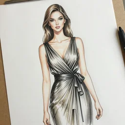 detailed drawing of a beautiful woman, wearing an elegant outfit