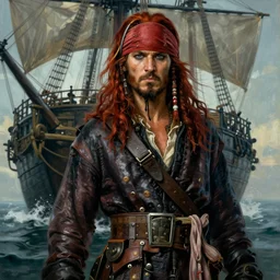 epic fantasy portrait painting of a long haired, red headed male sky - pirate in front of an airship in the style of game of thrones