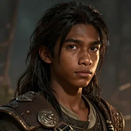 An epic fantasy comic book style portrait painting of a dark skinned long haired boy peasant with intelligent eyes, unreal 5, DAZ, hyperrealistic, octane render, cosplay, RPG portrait, dynamic lighting