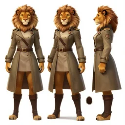 beautiful full body character reference sheet with front, back and side profiles of a strong female anthropomorphic lioness fursona wearing a fantasy military trenchcoat. character design by disney, anime, manga, charlie bowater, ross tran, artgerm, and makoto shinkai, detailed, soft lighting, rendered in octane