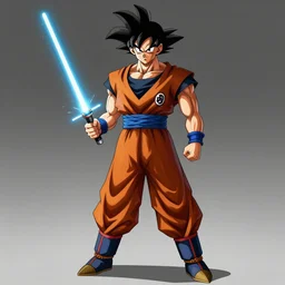 Goku wearing a brown floor length rober welding a lightsaber, sci Fi, concept art, detailed, stylized