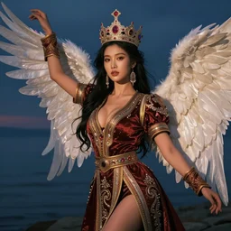 beautiful asian mongolian princess goddess with angelic wings in a sensual pose, princess wearing a crown with gemstones, near lake baikal, atmospheric lighting, painted, intricate, volumetric lighting, beautiful, rich deep colours masterpiece, sharp focus, ultra detailed, in the style of bagshaw tom