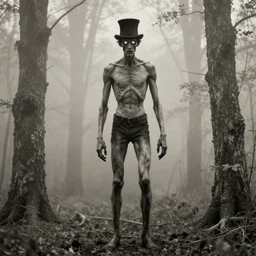 uncanny creepy skinny 8 foot man lurking in the foggy forest with a tophat and glowing eyes, 3 5 mm photograph, vintage photo, historical archive, award winning, full body