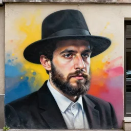 “Spray paint stencil portrait of a Jewish guy in his 30s on the city wall, colorful, but very good looking”