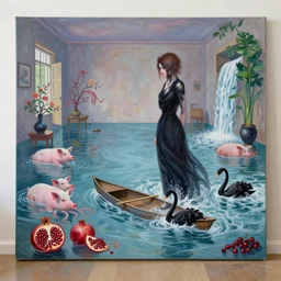 tall female emo artists in their flooded apartment, rotenburo, painting of flood waters inside an artist's home, a river flooding indoors, pomegranates, pigs, ikebana, zen, water, octopus, river, rapids, waterfall, black swans, canoe, berries, acrylic on canvas, surrealist, by magritte and monet