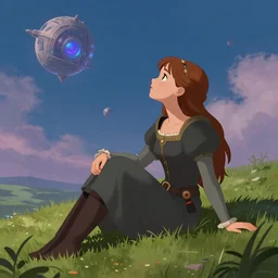 girl sitting on a grass, looking at the sky, Medieval Futurism, Retrofuturism, medieval, science fiction by JeeHyung lee, Anna Nikonova aka Newmilky, trending on artstation, 2D art, 2dcg #digital art #cute #girls photoshop