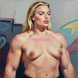 greg manchess portrait painting of margot robbie as beautiful thick very muscular roided zarya, wide roided face, medium shot, asymmetrical, profile picture, organic painting, sunny day, matte painting, bold shapes, hard edges, street art, trending on artstation, by huang guangjian and gil elvgren and sachin teng