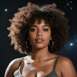 mixed curvy woman with an afro in space