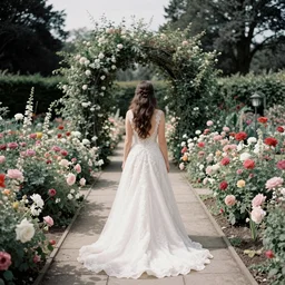 analog photograph of beautiful bride from the back wearing a long flowing wedding dress in stunning flower garden on a stone pathway with an archway at midday by mark owen. mute colors. hessian. bokeh. cinematic. hq. detailed. contrast. cinestill 8 0 0 t