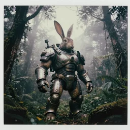 low contrast! by military archive!! full shot!!!!! big chest!! rabbit armored sci - fi hulked oversized rabbit barbarian, fog, in deep jungle forest jungle, overcast!!! cinematic focus, polaroid photo, vintage, neutral colors, very soft lights, big overcast, very foggy, full shot by steve hanks, by serov valentin, by lisa yuskavage, by andrei tarkovsky