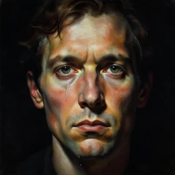 a dark close - up portrait painting of a scientists face dripping in liquid mercury. gloomy atmosphere, black background. highly detailed science - fiction painting by norman rockwell, moebius, frank frazetta, and syd mead. rich colors, high contrast. artstation