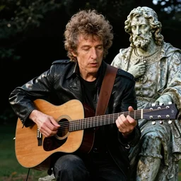 bob dylan playing his guitar whilst sitting next to a statue of king alfred the great in wantage united kingdom, photograph