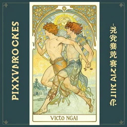 a drawing of two men running together, a poster by victo ngai, pixiv contest winner, art nouveau, official art, wiccan, tarot card