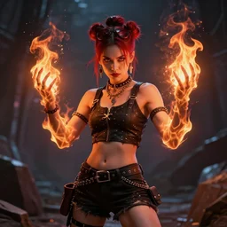 a female raver / punk using her mutant fire powers in the style of leonard boyarsky trending on artstation deviantart pinterest hyper detailed photorealistic highlights and shadow hd 8 k post - processing high resolution