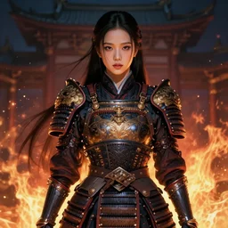 portrait jisoo blackpink, wearings samurai colorpunk armor, in temple fire stormy sparkles night, ssci - fi and fantasy, intricate and very very beautiful and elegant, highly detailed, digital painting, artstation, concept art, smooth and sharp focus, illustration, art by tian zi and wlop and alphonse mucha