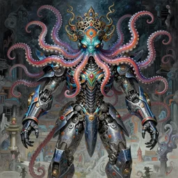 asura from chinese myth, ghost, mecha, wearing a colourful octopus and flows as a hat, a incredible symmetrical concept design, gorgeous and huge head ornaments, a dreamland of chinese, 4 k post processing, fascinating, dire, terrifying, frantic, mind - bending, painted by edgar maxence, edward hopper, wayne barlowe and james gilleard, airbrush, art by jamesjean
