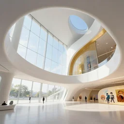 A very beautiful serene interior!!!!, architecture of a Zaha Hadid style building, contemporary White and gold!!!, Large glass windows!!!, Museum Style, Exhibition, rendered by simon stålenhag, rendered by Beeple, Makoto Shinkai, syd meade, Interior concept, digital art, starwars, unreal engine, 3 point perspective, WLOP, trending on artstation, low level, 4K UHD image, octane render,