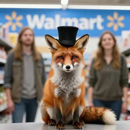 medium shot, photo of a fox animal sitting in walmart, wearing a top hat. by charlie waite, max rive, caroline foster.